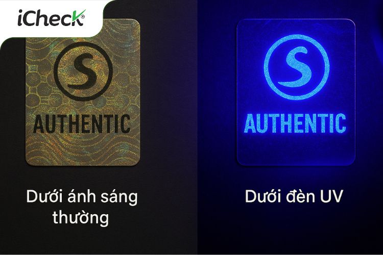 Hình ảnh minh họa khi soi tem chống giả – Không có và Có lớp bảo mật UV