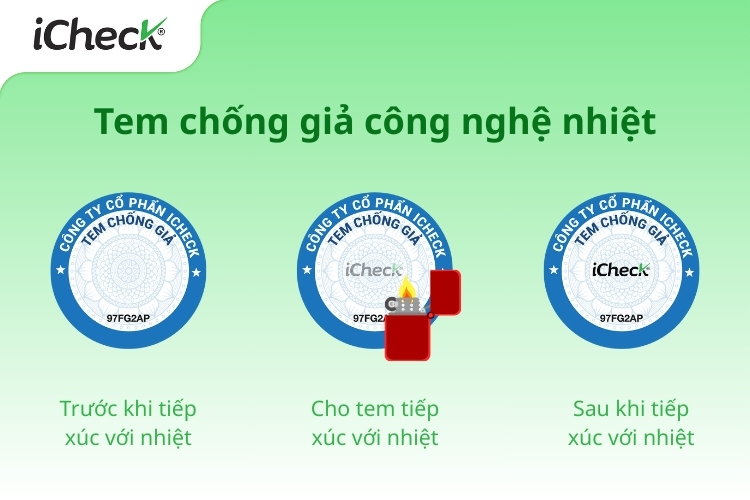 Mẫu tem chống hàng giả “trước” và “sau” khi tiếp xúc với nguồn nhiệt (minh họa)