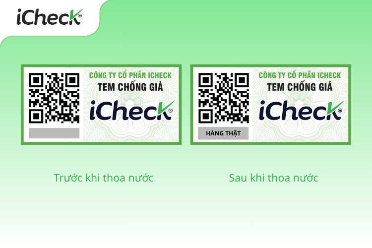 Tem chống giả trước và sau khi thoa nước.
