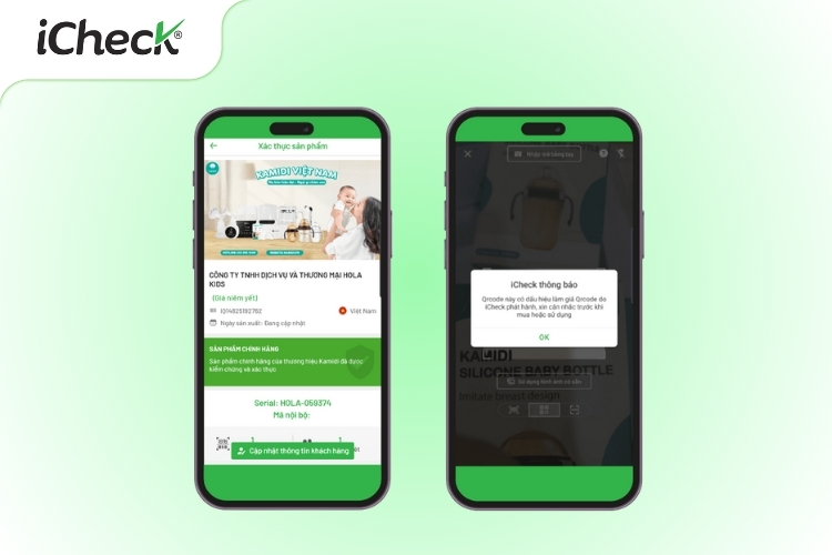 Ảnh minh họa kết quả xác thực hiển thị thông báo “Sản phẩm chính hãng” hoặc “Cảnh báo”