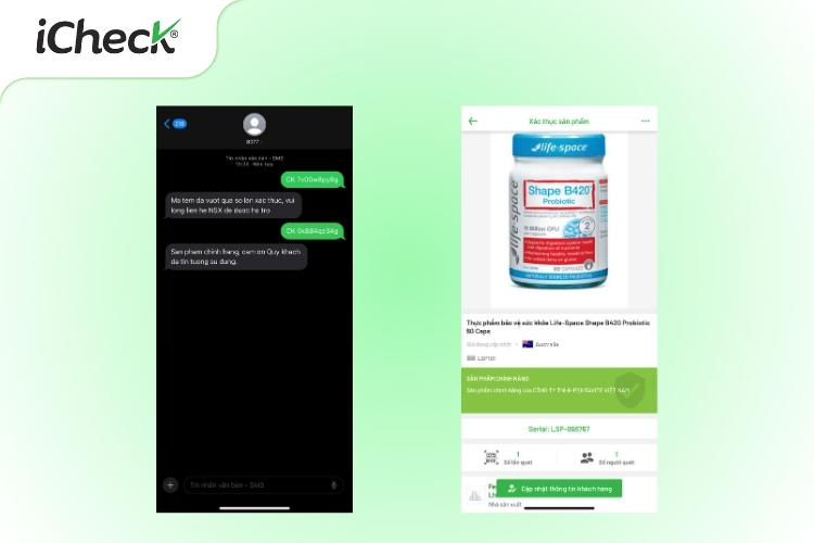 Giao diện kiểm tra Life-Space hàng chính hãng bằng SMS và app iCheck Scan