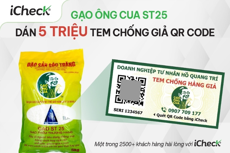 Tem chống giả trên bao bì gạo Ông Cua ST25
