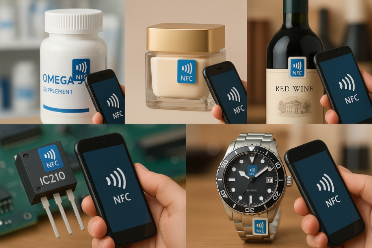 Ứng dụng của tem NFC chống giả trên các sản phẩm như rượu, đồng hồ, ....